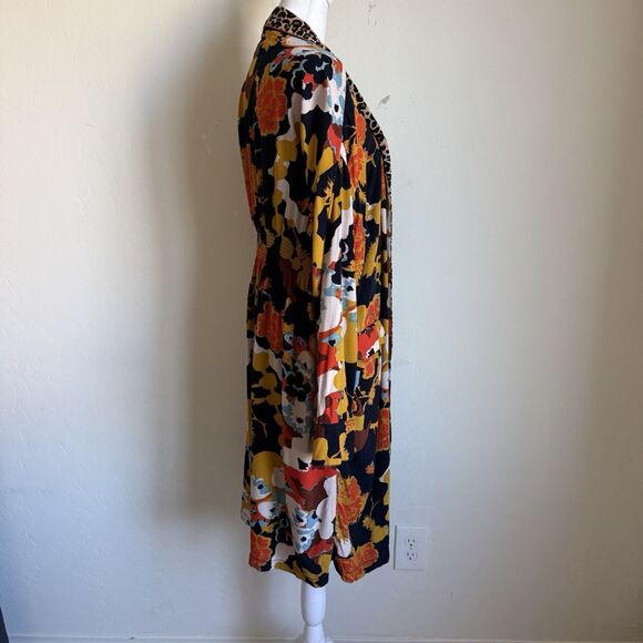 Free People Size S Wild Nights Duster Open Front Floral Print Leopard Trim Boho - Picture 7 of 13